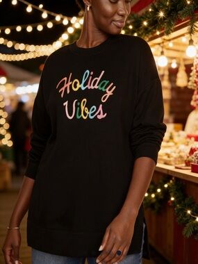 Old Navy Black Sweatshirt with Multicolor "Holiday Vibes" Script